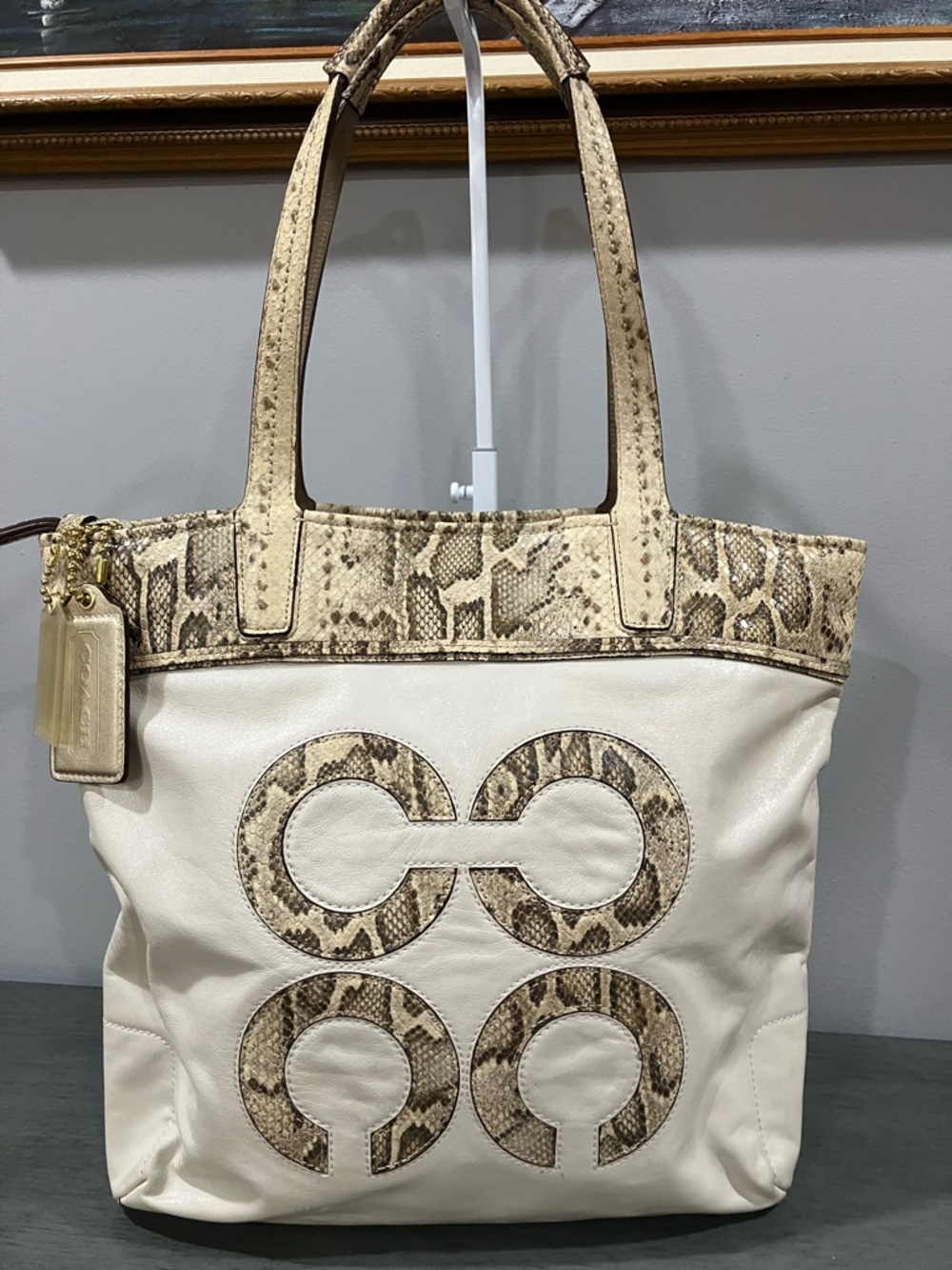 Coach Cream Leather Tote with Snake-Print Trim